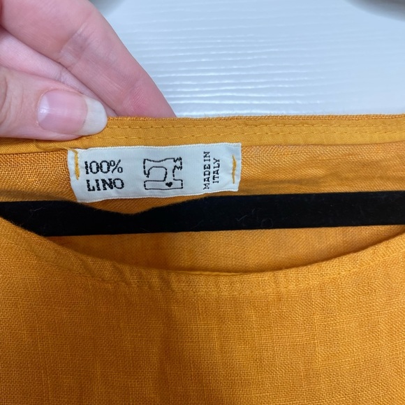 100% LINO Mustard Yellow Short Sleeve linen embroidered Dress with pockets | L - Picture 5 of 11